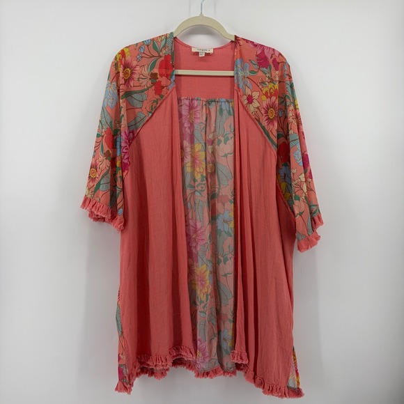 Umgee Sweaters - Umgee Womens 1XL/2XL Coral Pink Floral Kimono Cardigan Frayed Fringe Boho Arsty